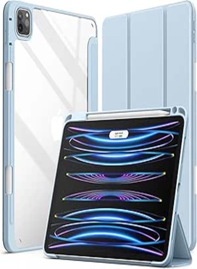 حافظة JETech لجهاز iPad Pro مقاس 11 بوصة 2022/2021/2020/2018 (الجيل 4/3/2/1) مع حامل قلم، غلاف خلفي شفاف رقيق، واقي للصدمات، غطاء لوحي، استيقاظ/نوم تلقائي (أزرق فاتح)